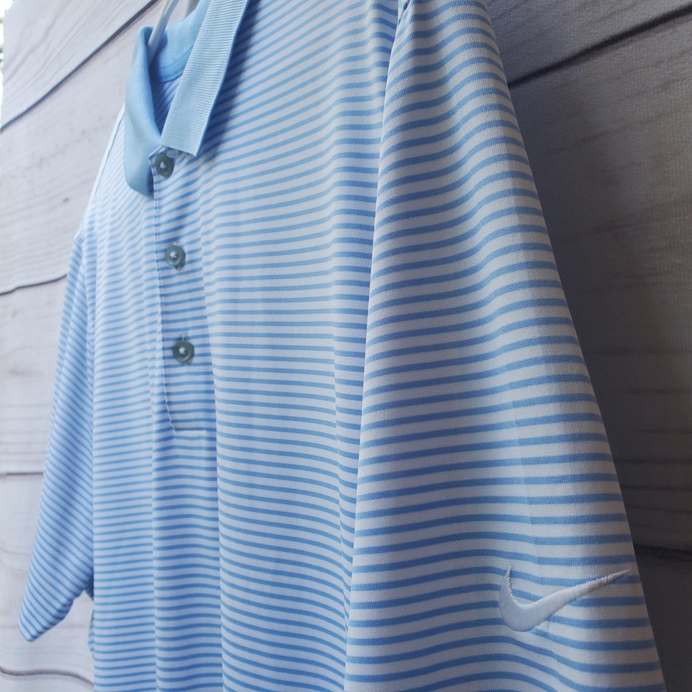 Nike Golf Dri-FIT Polo Shirt Mens L Blue White Striped Standard Fit Short Slv
